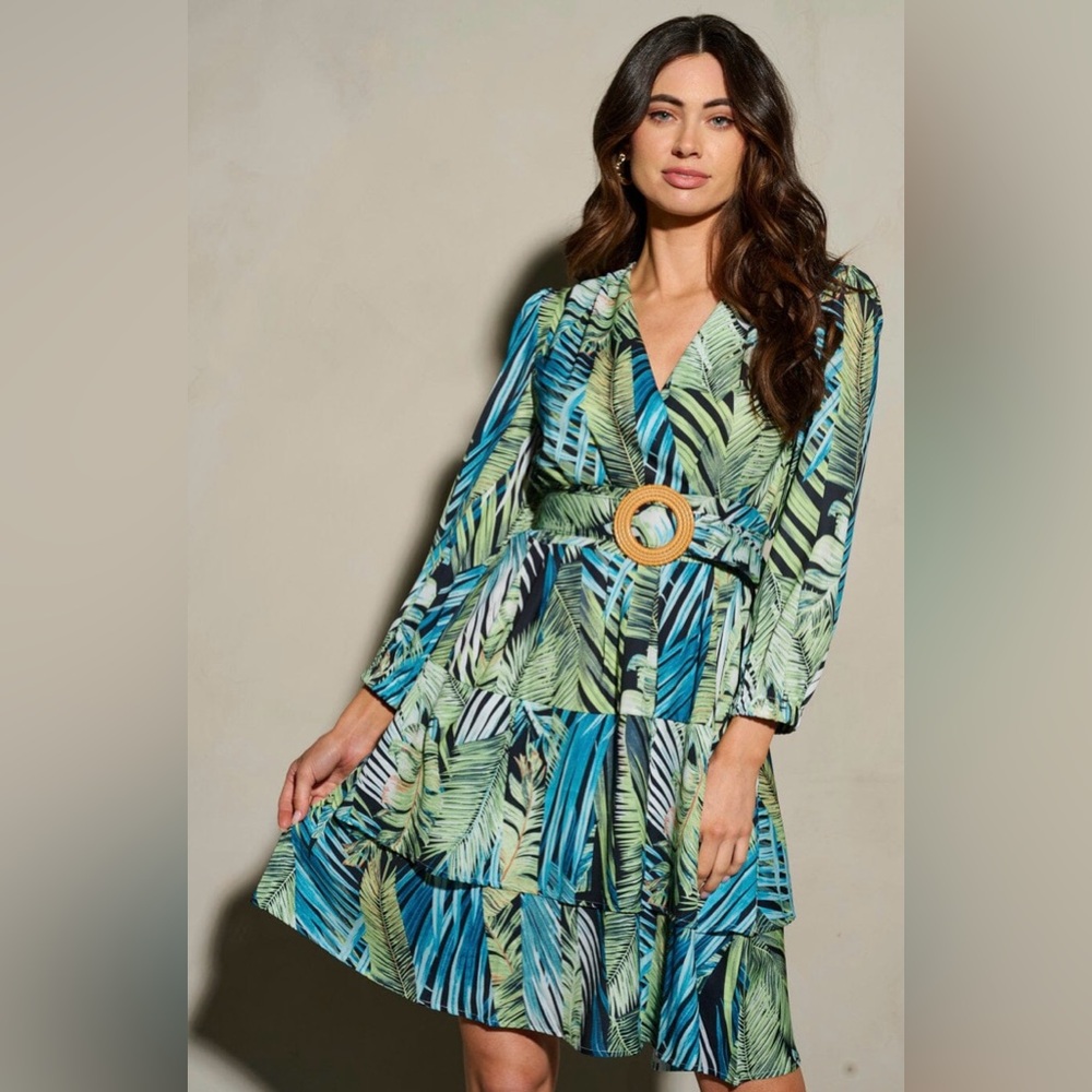 Green Blue Tropical Print Wrap Mini Dress Long Sleeve Boutique